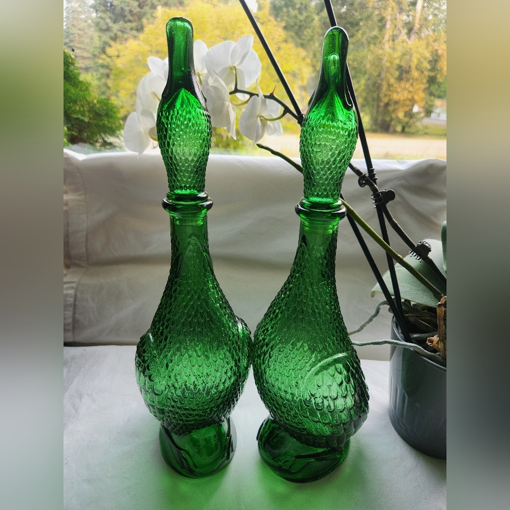 Vintage MCM Empoli Green Italian Glass Water Fowl Carafe Set Of 2